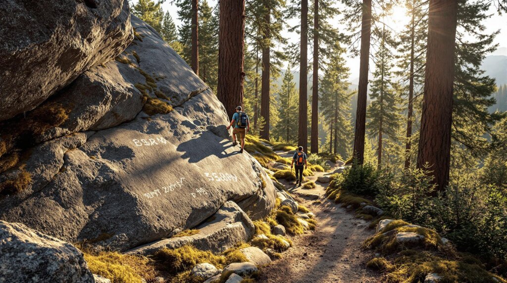 Two hikers examine faint petroglyphs on a granite boulder along a quiet forest trail, surrounded by tall pine trees and dappled morning light near Oakhurst, California.